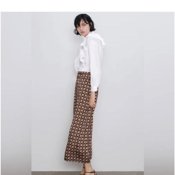 Zara Womens Geometric Print Pants Trousers Brown Blue‎ Wide Leg High Waist Small - Picture 1 of 6